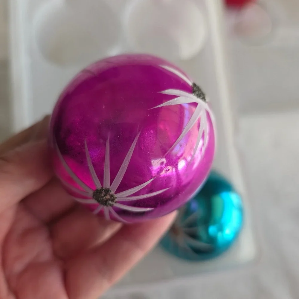 2 VTG West Germany Glass Ornaments Pink Blue Starburst Mercury Glass Black Mica